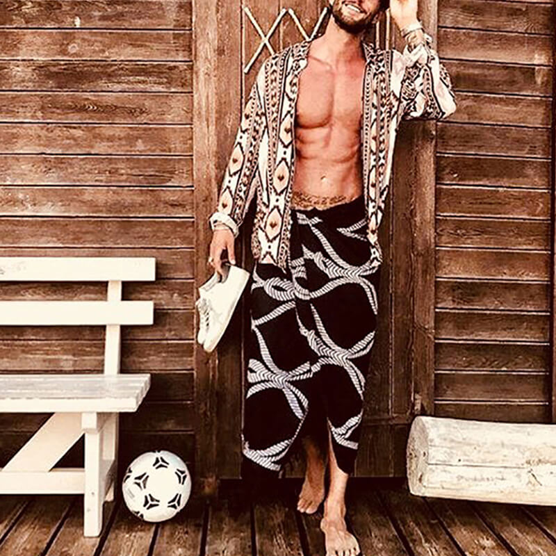 Vyriški mados marškinėliai su etninėmis etniškomis laisvomis ilgomis rankovėmis