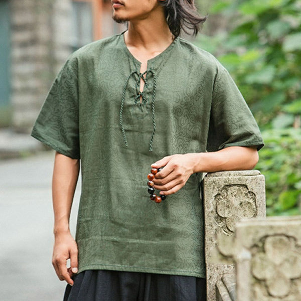 Camiseta retro de algodón y lino estampada para hombre con manga corta