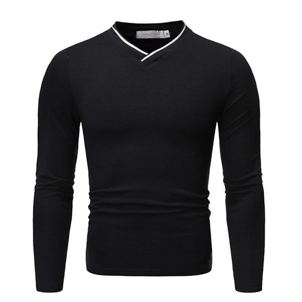 Camisa casual de color liso con manga larga y cuello en V para hombres.