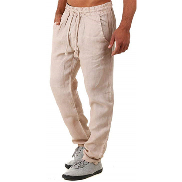 Negabaritinės medvilninės ir lininės kelnės vyrams su laisva virve