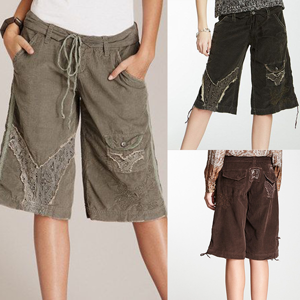 Moteriški šortai su nėrinių akcentu ir aukštu juosmeniu