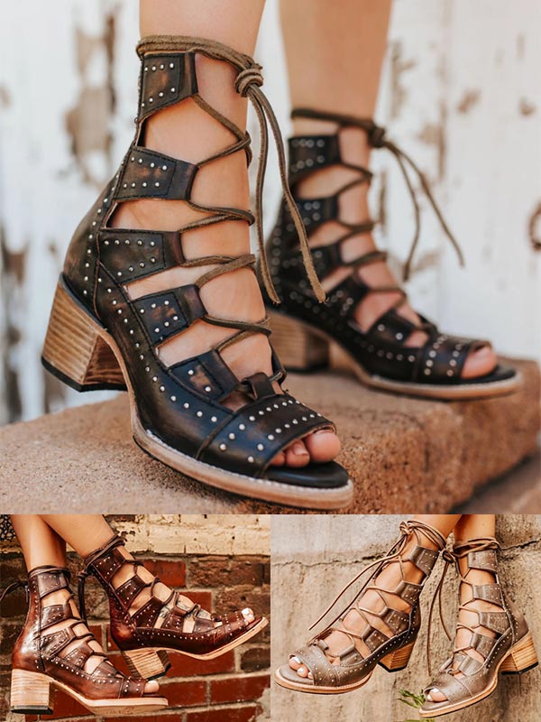 Damen Retro Sommer dicke Ferse Riemensandalen