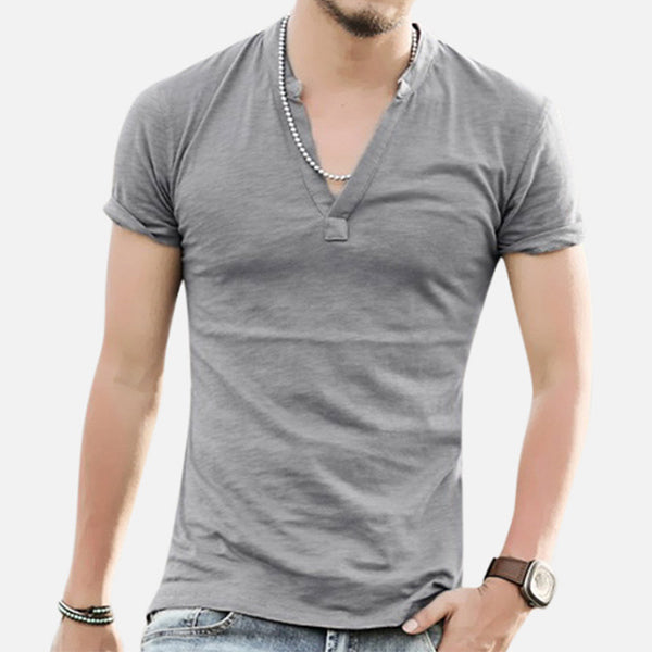 Bequemes T-Shirt aus Baumwolle und Leinen mit V-Ausschnitt für Herren