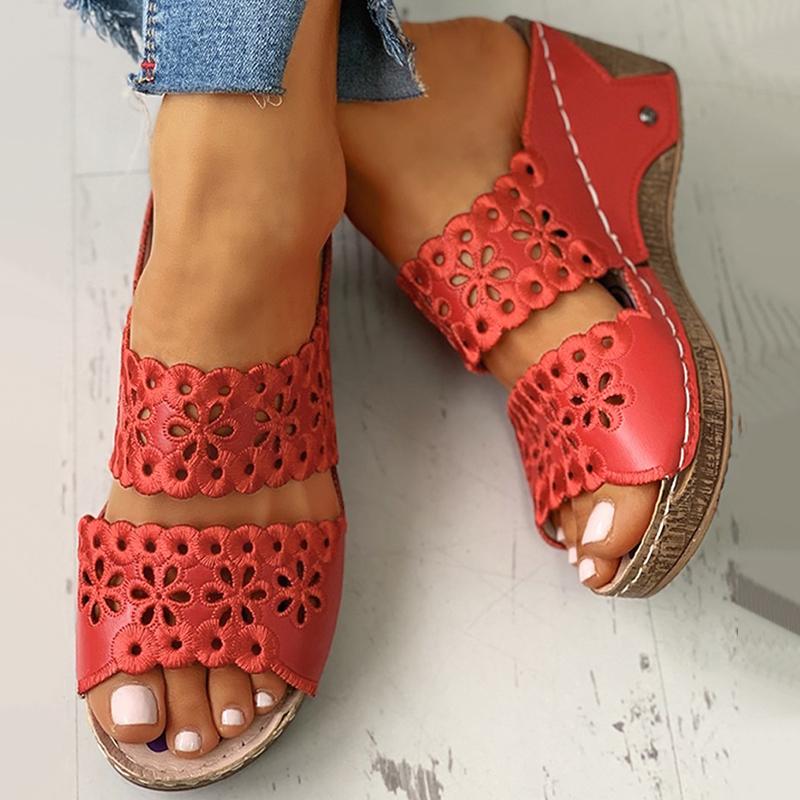 Open Toe Wedge Sandalen für Damen mit hohler Blume