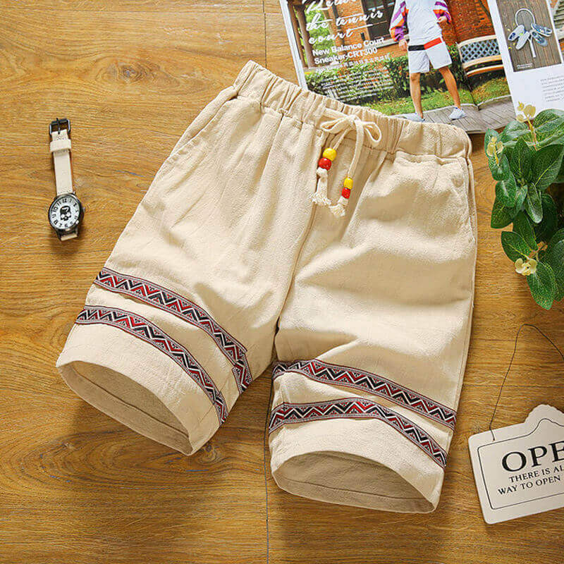 Herren Sommer cool bequeme Spitze gespleißt Kordelzug Baumwolle Leinen Shorts