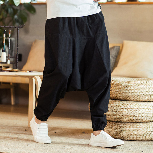 Pantalones sueltos de algodón y lino de estilo chino para hombres
