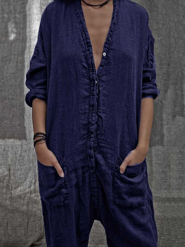 Traje casual de mujer en color liso con manga larga y cuello en V