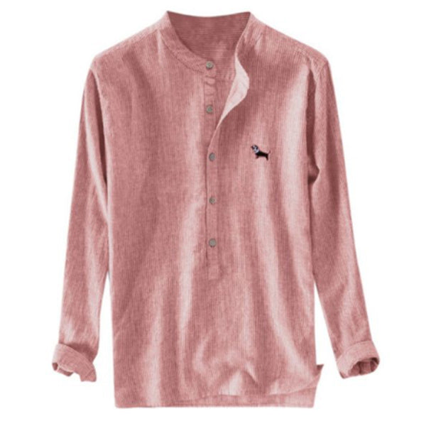 Camisa bordada a rayas de algodón lavado con cuello alto para hombre Mangas largas