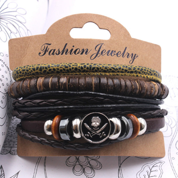 Pulsera simple de calavera de piel de vaca de tela retro para hombres