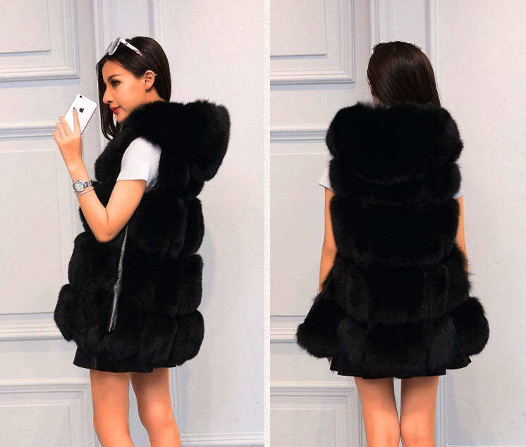 Solid Detachable Sleeve Hooded Fur Vest
