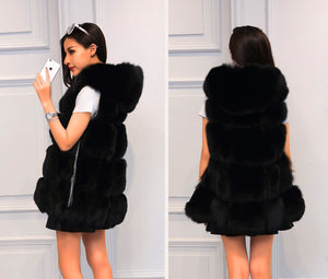 Solid Detachable Sleeve Hooded Fur Vest