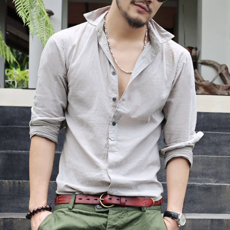 Stilvolles natürliches Langarm-Leinenhemd für Herren