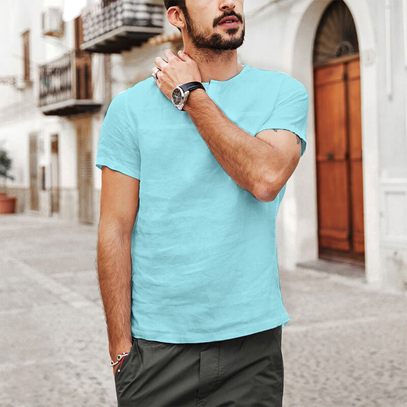 Camisa casual de lino y algodón de manga corta con cuello redondo para hombres