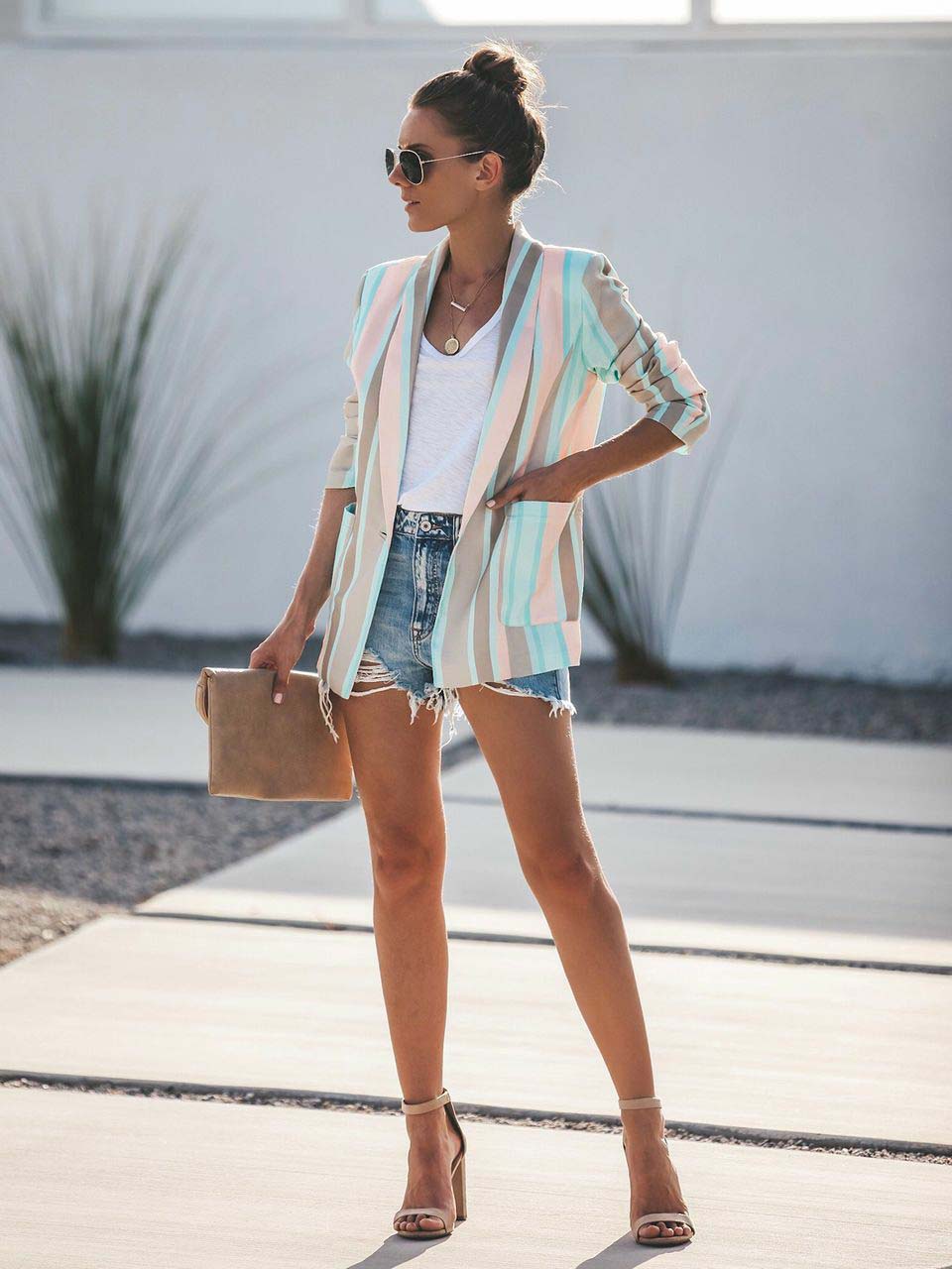 Chaqueta casual a rayas azules y rosas para mujer