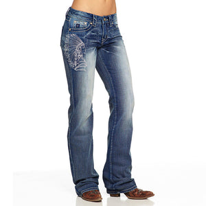 Gestickte, mit Strass gewaschene, verblasste Bootcut-Jeans