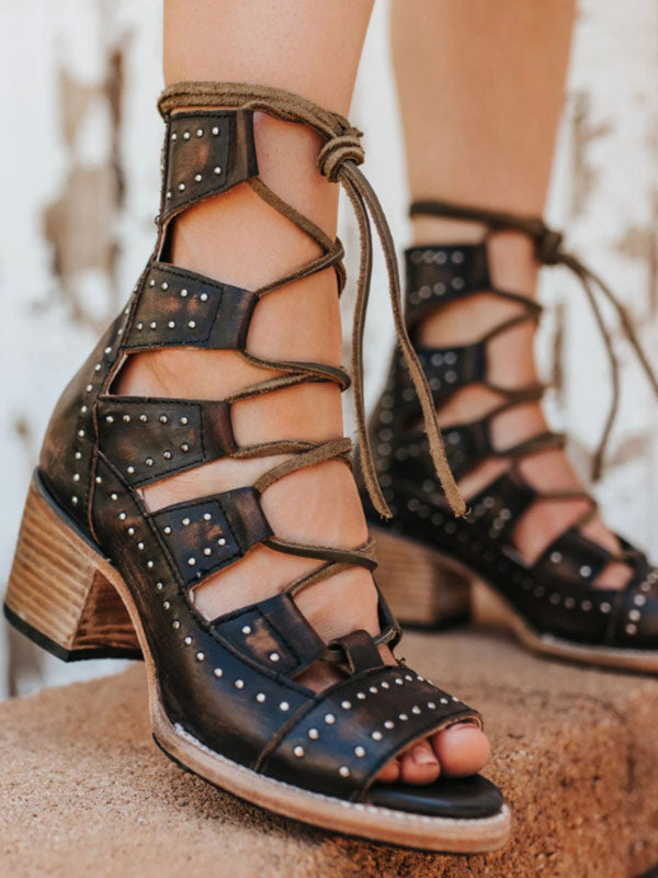 Damen Retro Sommer dicke Ferse Riemensandalen