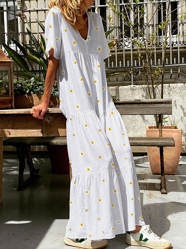 Nettes Gänseblümchen-Kurzarm-Maxikleid