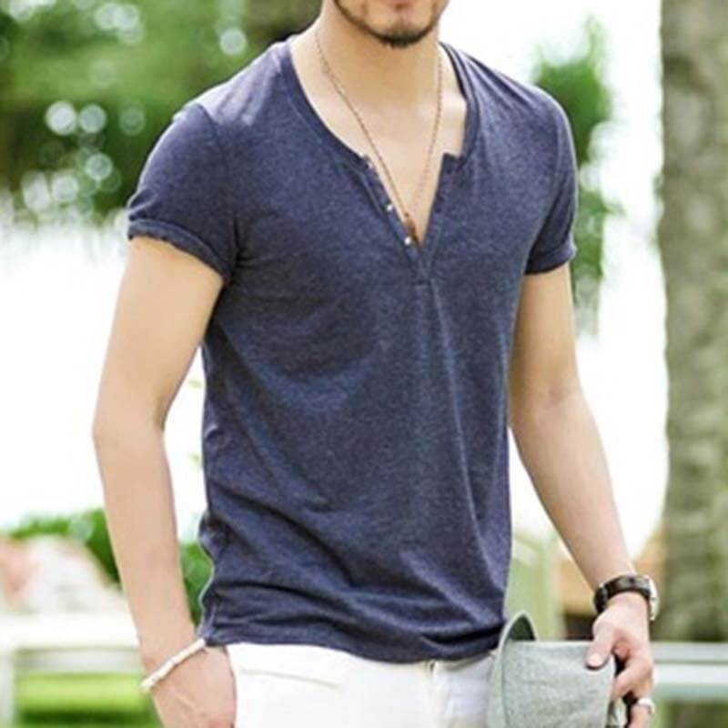 Men&#39;s Summer Cool Comfy Henley Collar Slim Short Sleeve Cotton T-Shirts