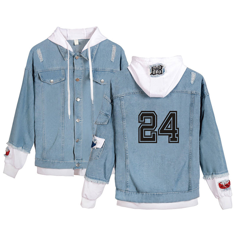 24 Bedruckte Jeansjacke mit Kapuze, getäfelte, gefälschte 2-teilige Oberbekleidung
