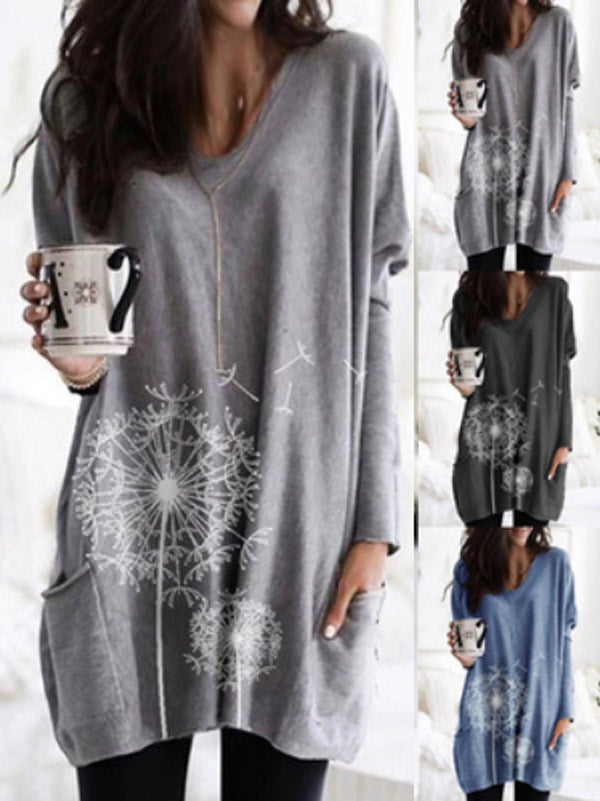 Bolsillos con estampado de diente de león para mujer con cuello redondo y manga larga
