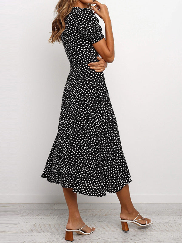 Quadratischer Hals Polka Dot Split Midi Kleid