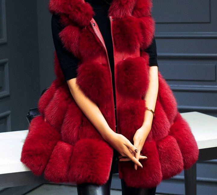 Solid Detachable Sleeve Hooded Fur Vest