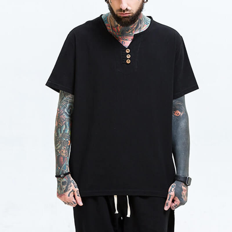 Vyriški vintažiniai patogūs trumpų rankovių medvilniniai marškiniai trumpomis rankovėmis ir V formos kakleliu