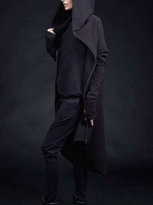 Abrigo suelto irregular negro para mujer con cremallera y capucha
