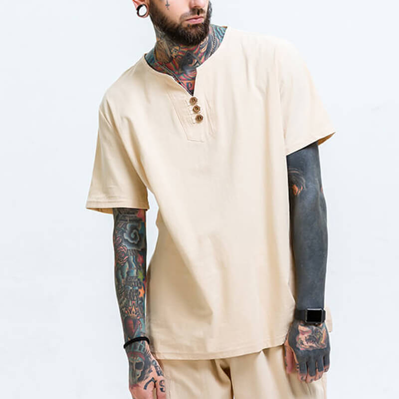 Vyriški vintažiniai patogūs trumpų rankovių medvilniniai marškiniai trumpomis rankovėmis ir V formos kakleliu