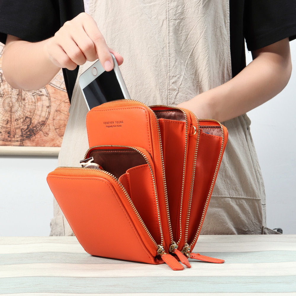 Women&#39;s solid PU leather clutch bag card pocket phone bag shoulder bag
