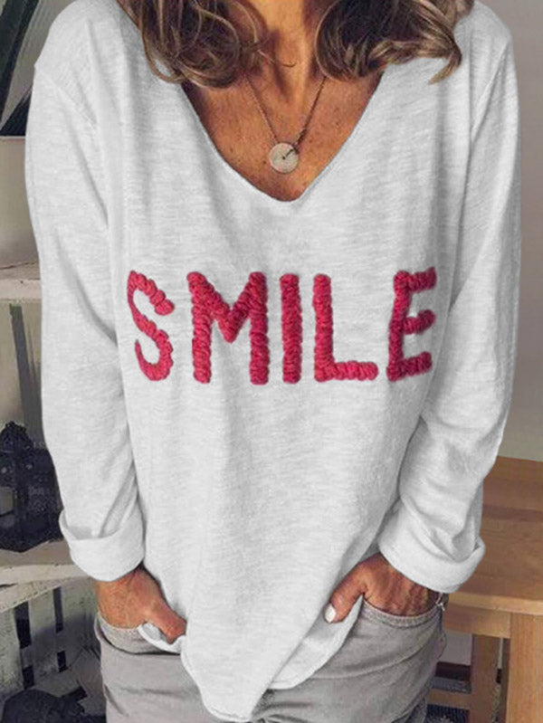 Camiseta de manga larga bordada SMILE Letter para mujer