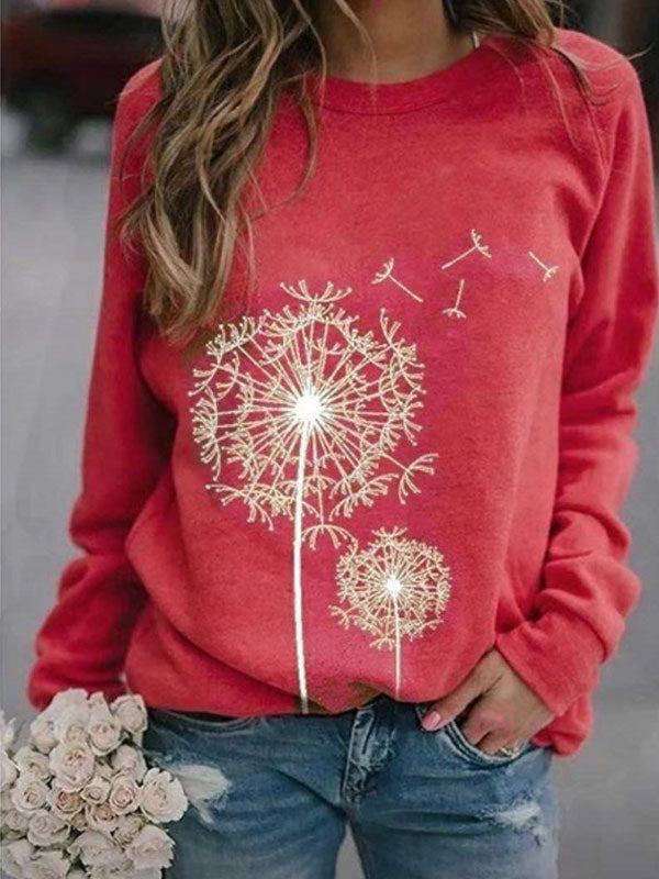 Sudadera suelta con cuello redondo y estampado de diente de león para mujer