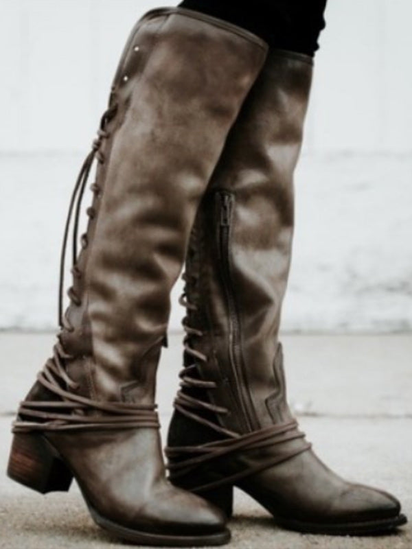 Damen Retro Rücken Schnürstiefel mit mittlerem Absatz über dem Knie