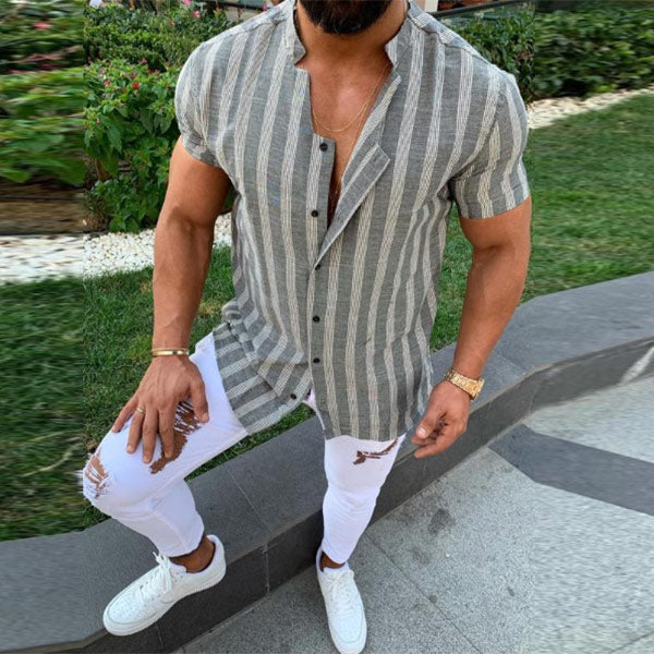 Tautinio stiliaus vyriški marškinėliai iš medvilnės ir lino su V formos kaklu