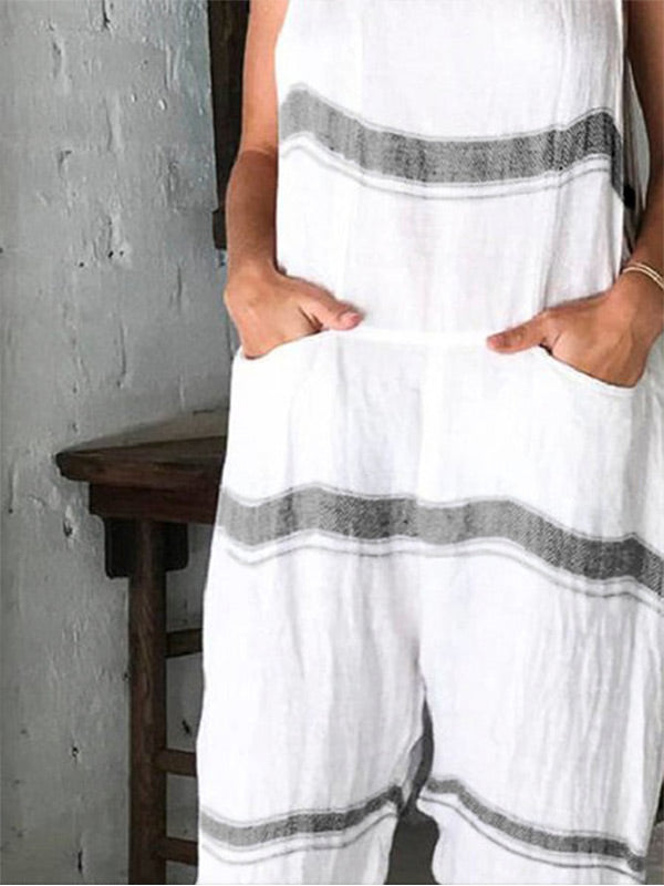 Moteriškas dryžuotas medvilninis ir lininis kombinezonas