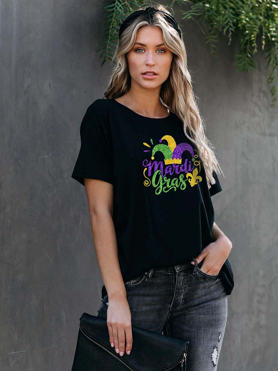 Camiseta de mujer con sombrero de payaso Mardi Gras estampado