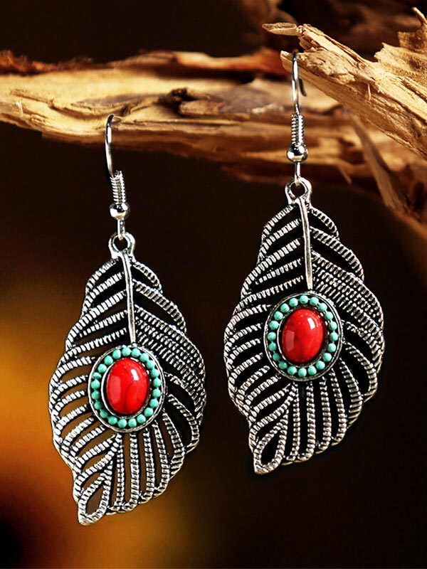 Pendientes turquesa de plumas de hoja hueca para mujer