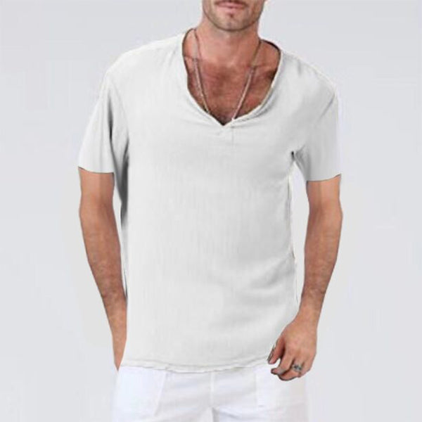 Ethnisches Kurzarm-T-Shirt aus Baumwolle und Leinen für Herren