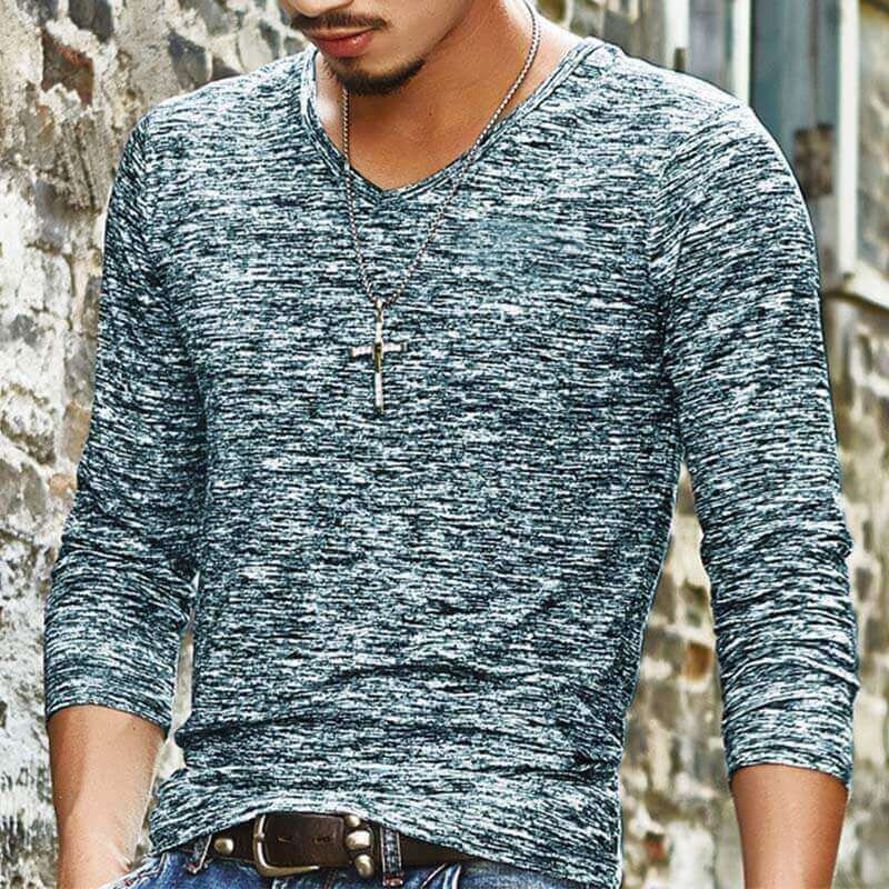 Vyriški marškiniai marškinėliais iš paprastų v formos kaklo ilgomis rankovėmis