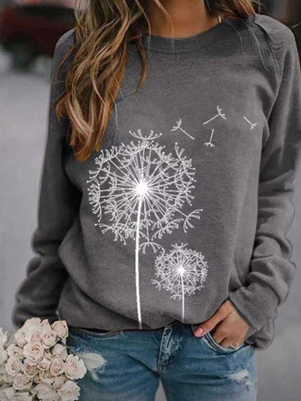 Sudadera suelta con cuello redondo y estampado de diente de león para mujer