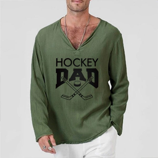 Camiseta de lino de manga larga estampada HOCKEY DAD para hombre