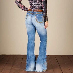 Jeans acampanados elásticos bordados, rotos, lavados y lavados