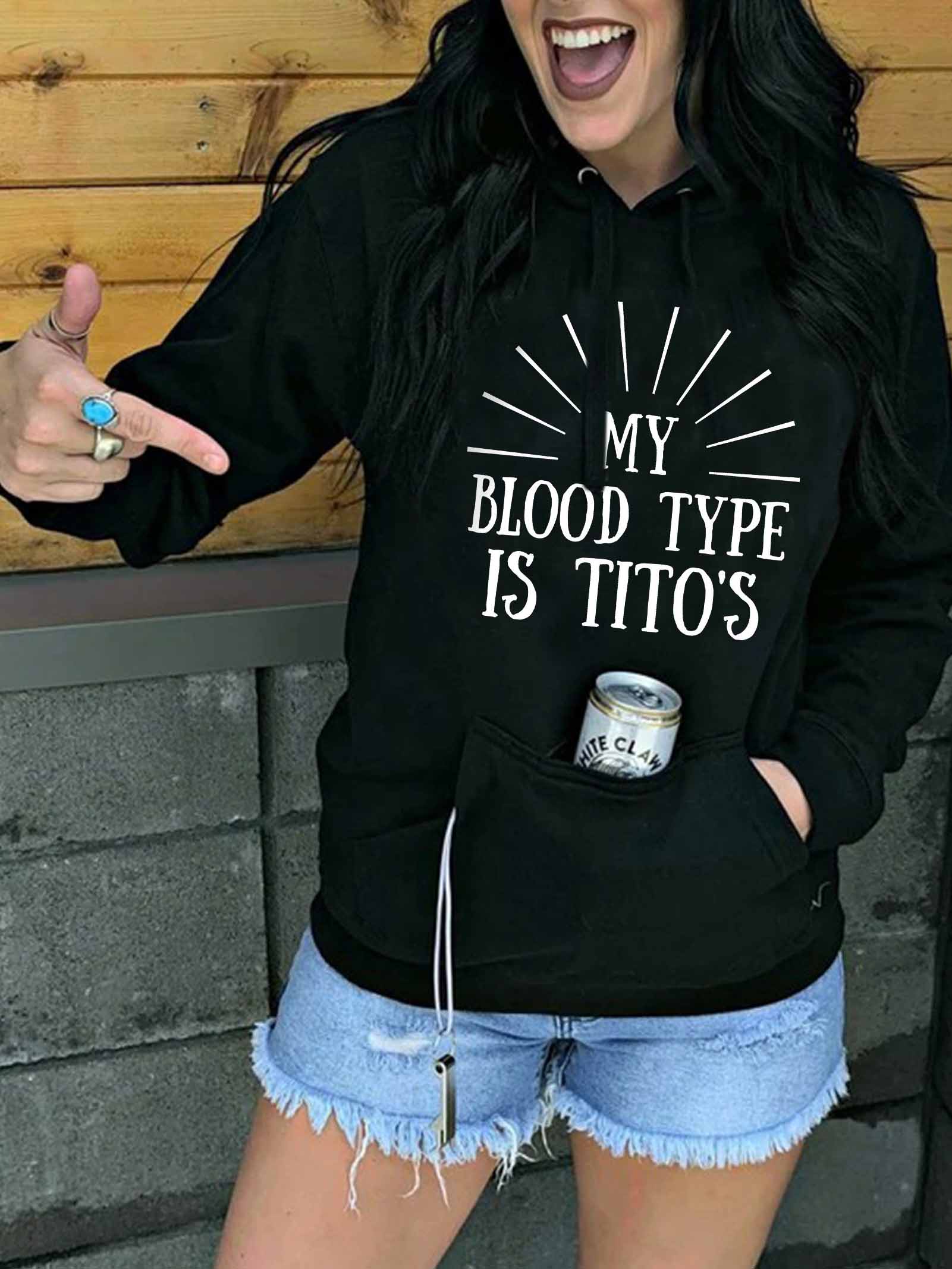Mujer MY BLOOD TYPE IS TITOS Letter Sudadera con capucha de bolsillo