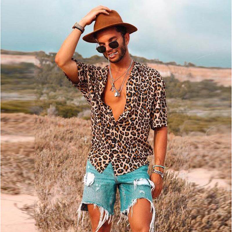 Camisa de leopardo estilo callejero de moda para hombre con manga corta