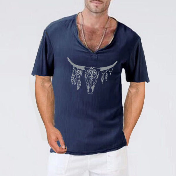 Kurzärmliges T-Shirt aus Baumwolle und Leinen mit Vintage-Kuhkopfdruck für Herren