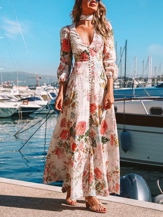 Bohemian Deep V Print Schlankes Langarmkleid