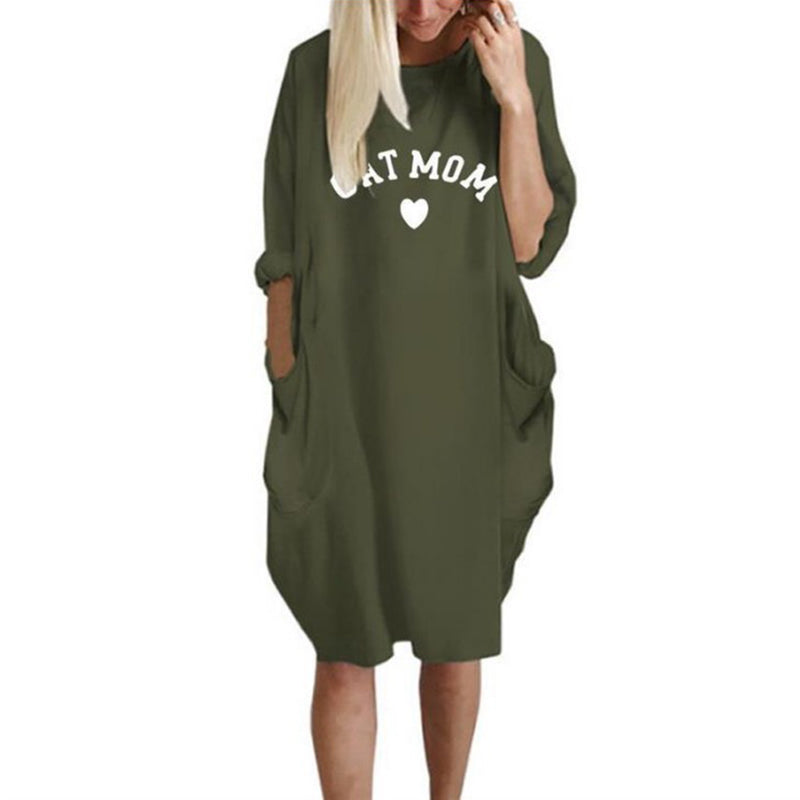 Cat Mom Printed Langarm Doppeltaschen Shift Daily Dress