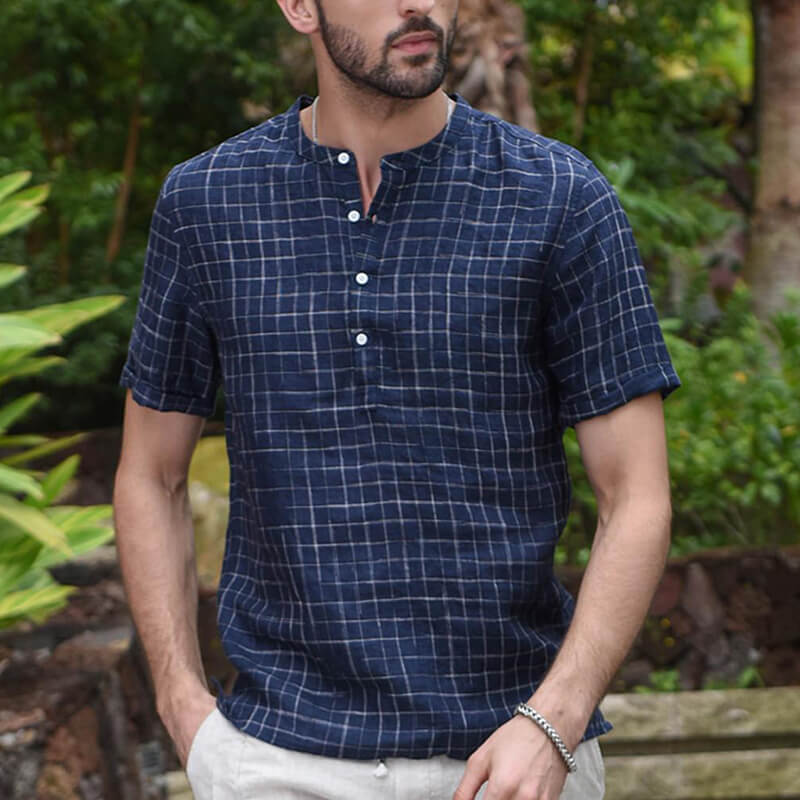 Camisa casual básica de verano para hombre con lona de algodón a cuadros