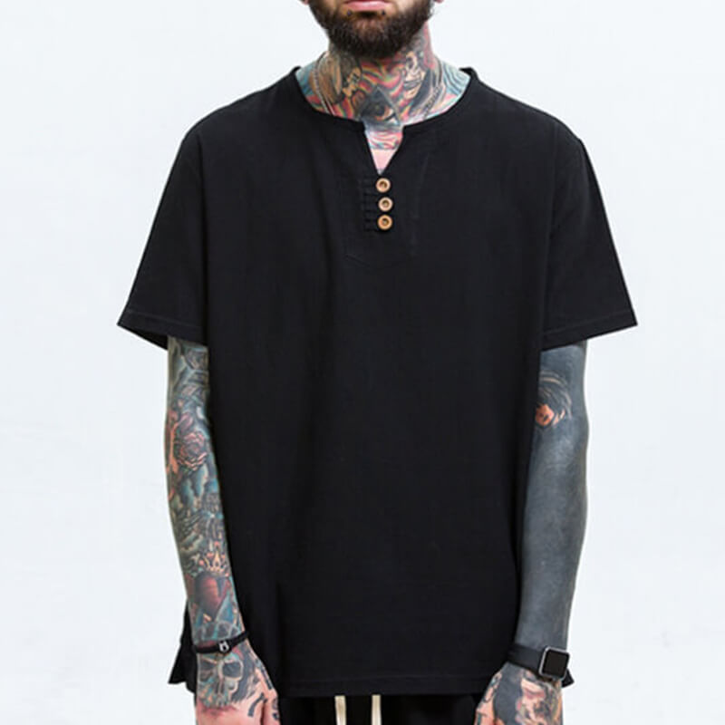 Vyriški vintažiniai patogūs trumpų rankovių medvilniniai marškiniai trumpomis rankovėmis ir V formos kakleliu