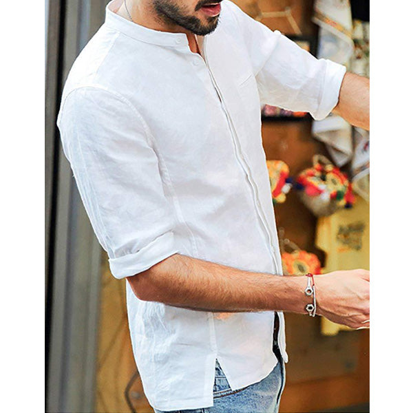 Camisa de lino simple con cuello alto para hombre.